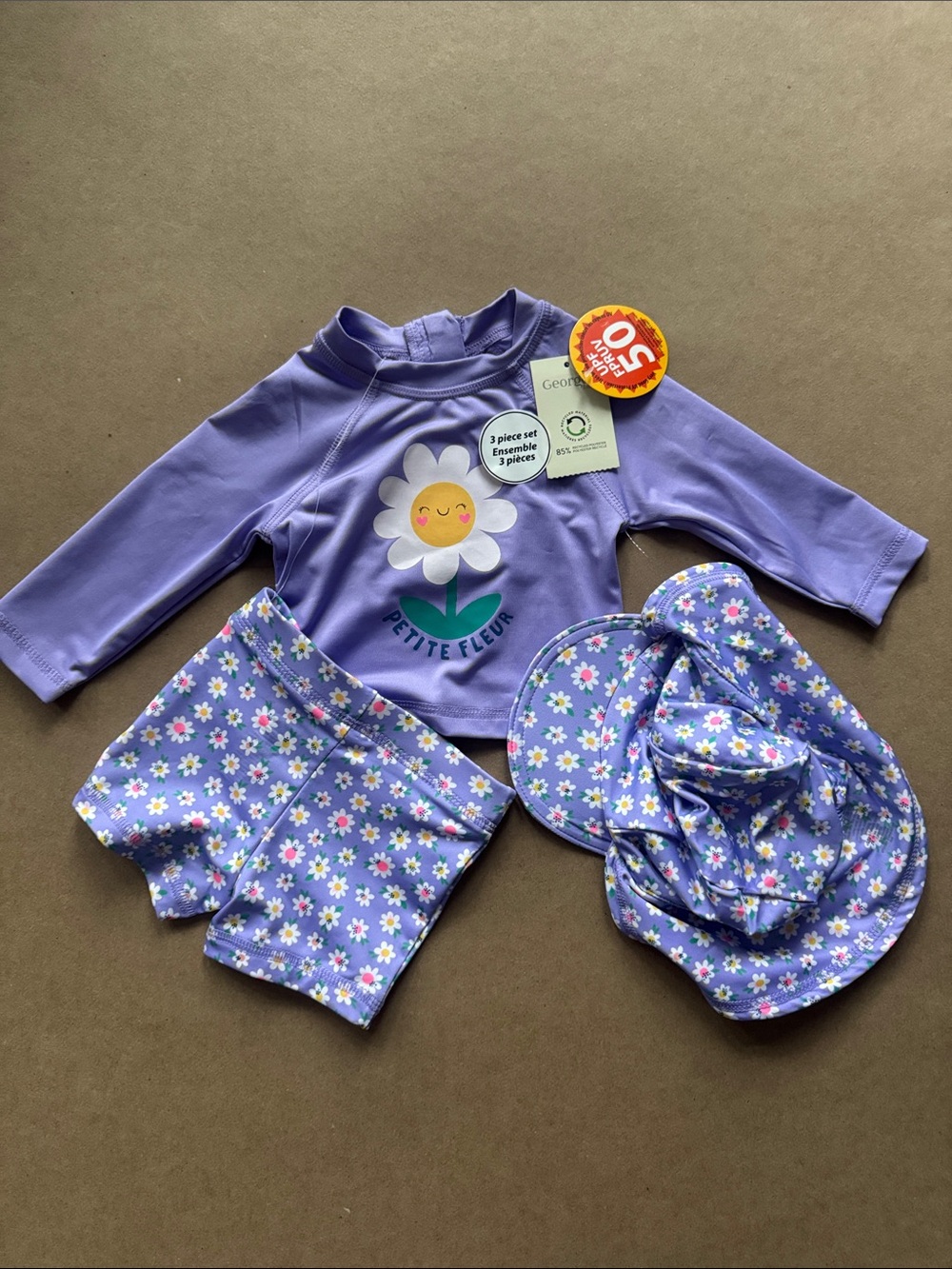 NWT 3pcs Baby 0-3 Months Purple Daisy 3-Piece Kids Rashguard Swim Set UPF 50